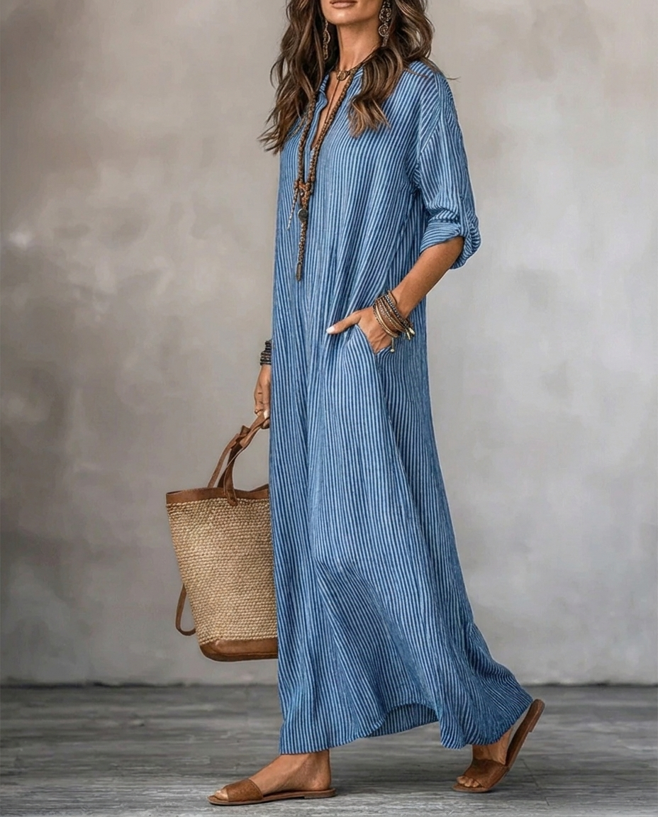 Haven | Robe Longue Rayée à Manches Longues, Col en V et Poches