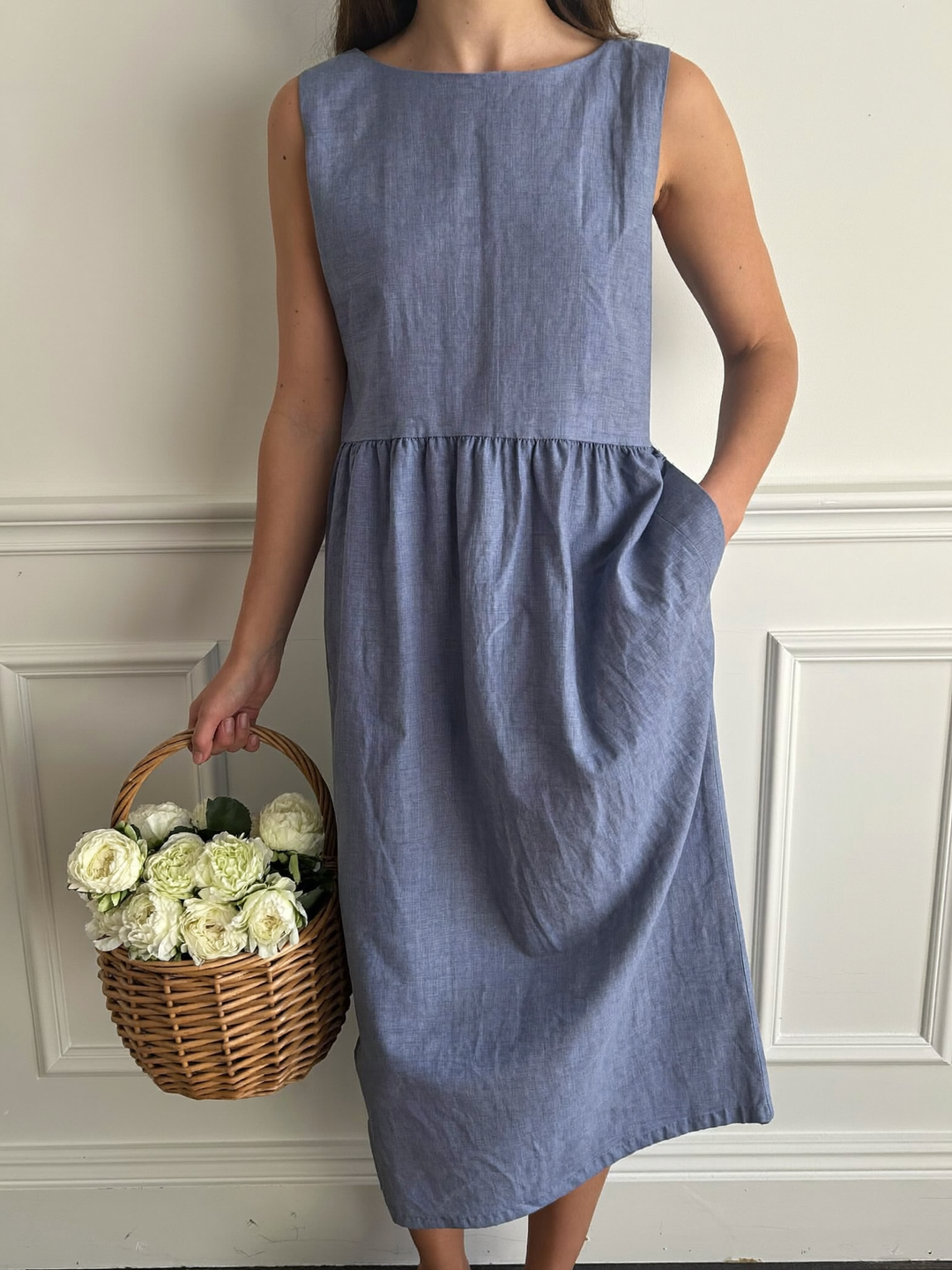 Ida - Robe midi d'été en lin bleu chambray