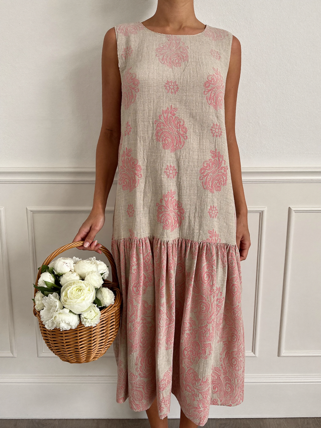 Raya - Robe midi en lin imprimé fleuri corail