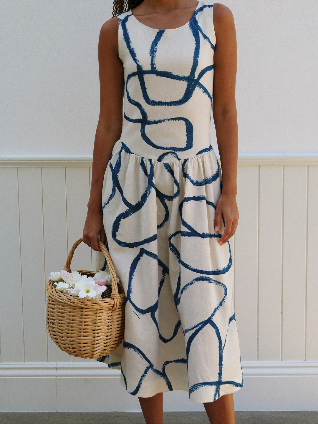 Elin - Robe midi crème à coups de pinceau marine