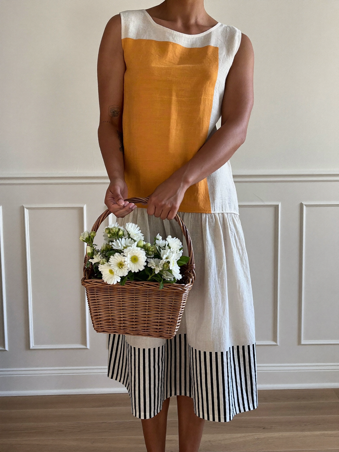 Clara - Robe midi color block orange et rayures