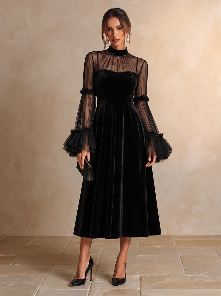 Stéphanie | Robe Midi Plissée en Velours Noir et Filet Transparent