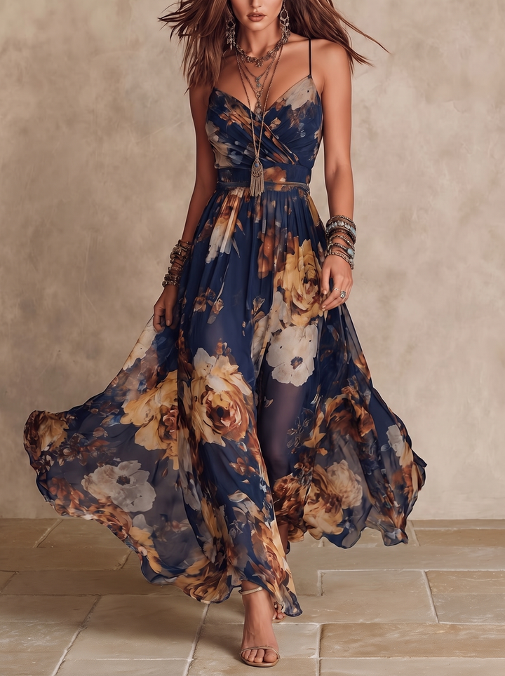 Adrienne | Robe Maxi en Chiffon Bleu Marine à Imprimé Floral et Fines Bretelles