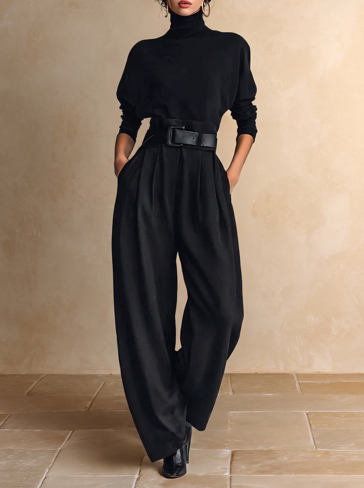 Geneviève | Ensemble Col Monté Noir et Pantalon Droit