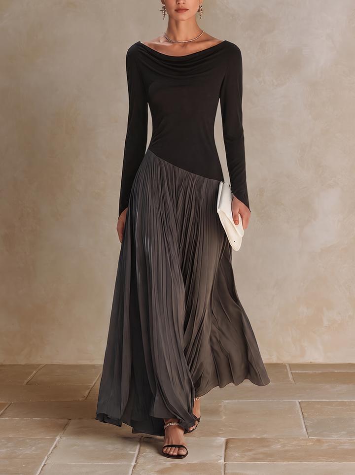 Marine | Robe Maxi Plissée à Col Drapé Bicolore Noir et Gris