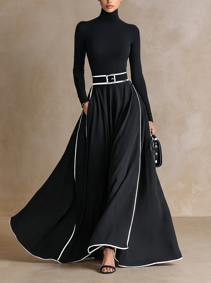 Colette | Robe Maxi Femme Noire à Coutures Blanches et Col Monté, Manches Longues, Taille Cintrée