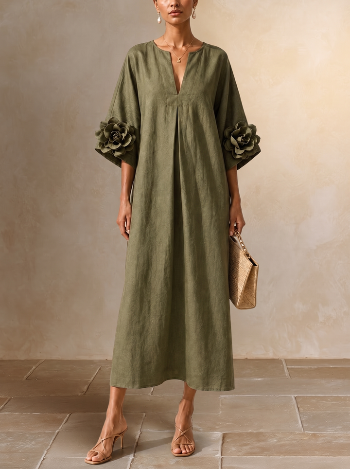Aurélie | Robe Midi Vert Olive à Décolleté en V et Manches Florales Extravagantes