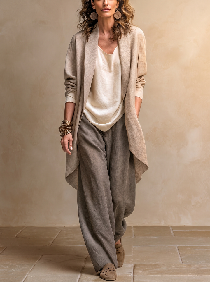Constance | Ensemble Trois Pièces Beige et Gris, Casual à Superpositions, avec Pantalon Palazzo, Élégant