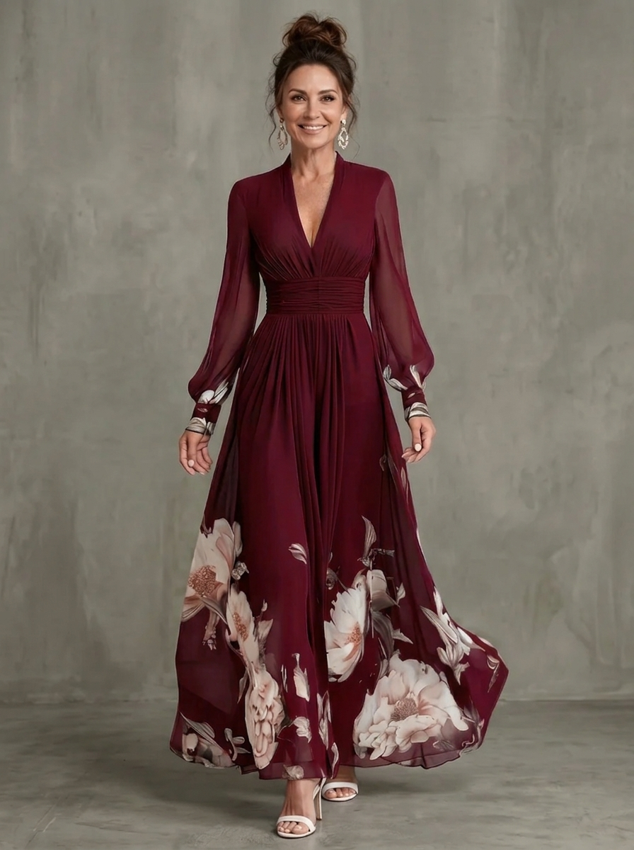 Maude | Robe Longue à Ourlet Fleuri et Manches Transparentes