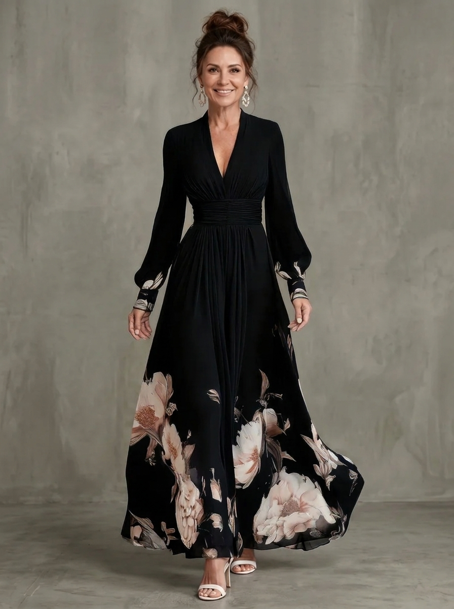 Maude | Robe Longue à Ourlet Fleuri et Manches Transparentes