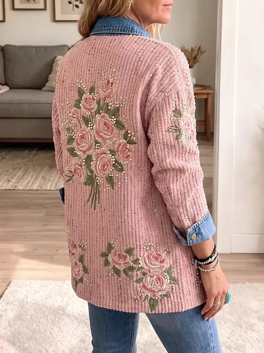 Aria | Blazer en Jean Patchwork à Broderie Florale