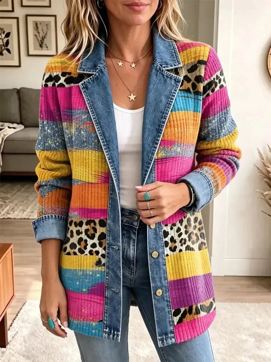 Victoria | Veste en Jean Rétro à Motif Léopard Coloré