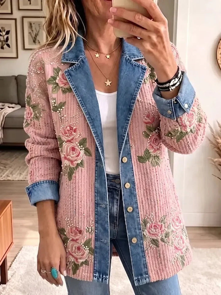 Aria | Blazer en Jean Patchwork à Broderie Florale