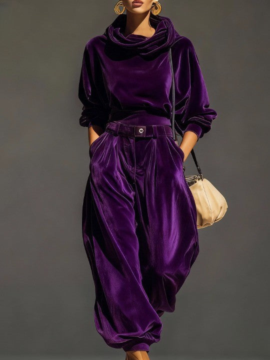 Ensemble Vintage en Velours Sweat à Capuche et Pantalon Ample (Ceinture Incluse)
