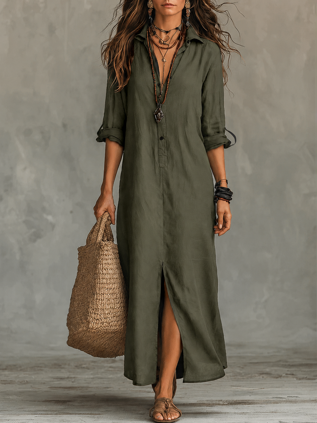 Robe longue chemise bohème noire boutonnée sur le devant