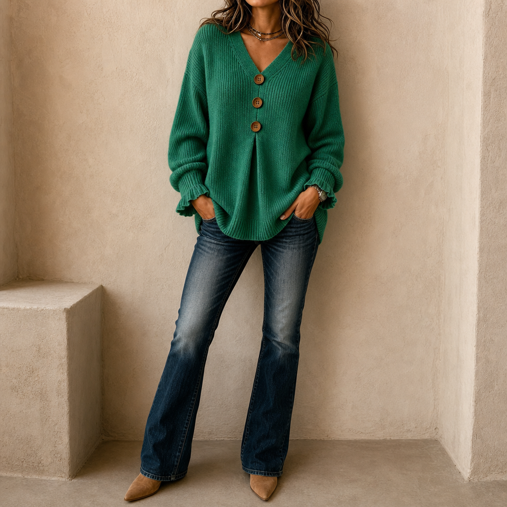 Brunella | Pull à Col V en Maille – Vert