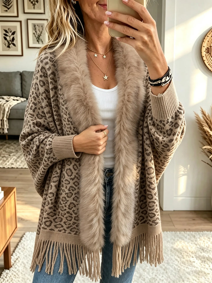 Églantine | Cardigan à Franges et Col en Fausse Fourrure Léopard