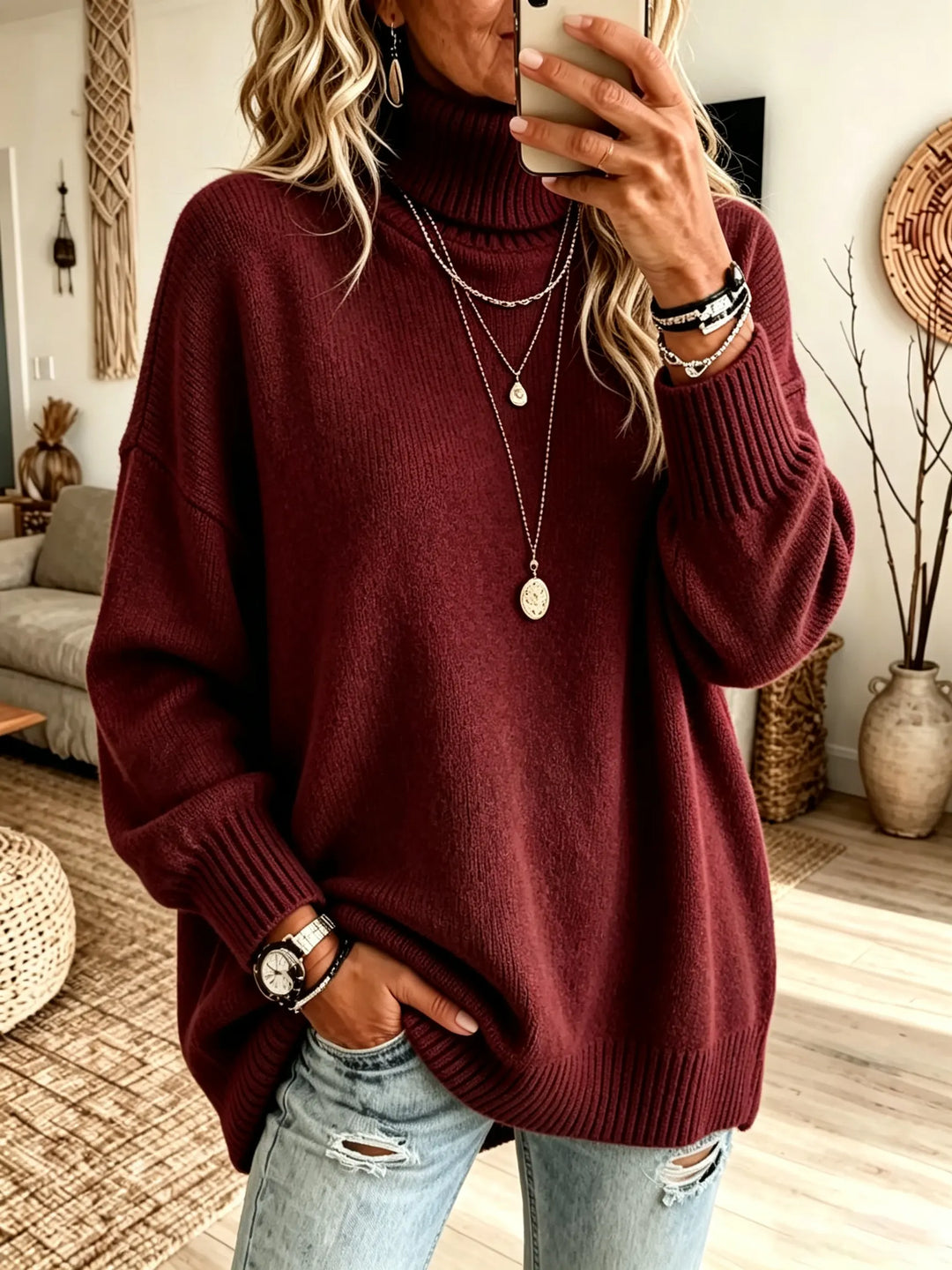 Philippine | Pull Col Roulé Oversize en Maille Côtelée