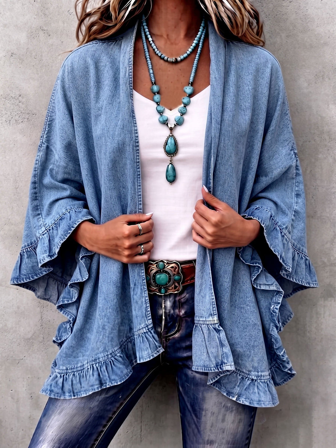 Corinne | Cardigan Bohème en Jean à Volants