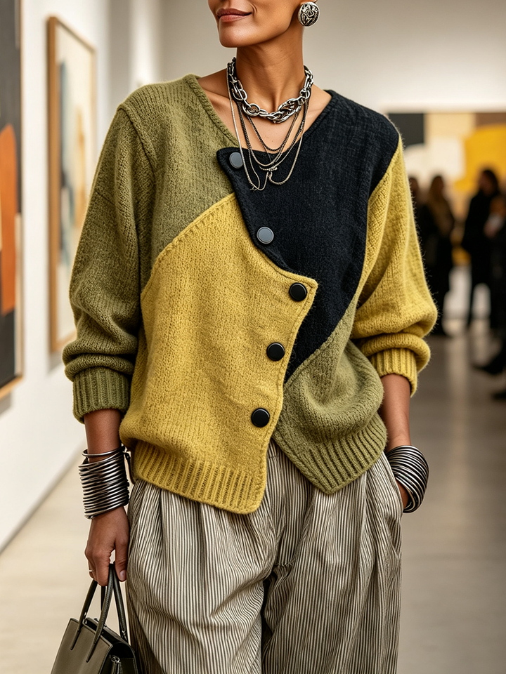 Pull Artistique Asymétrique en Maille Color Block