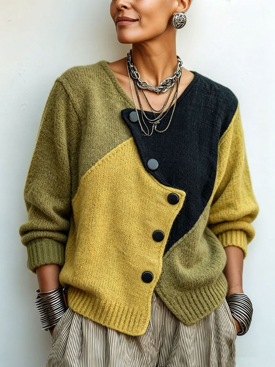 Pull Artistique Asymétrique en Maille Color Block