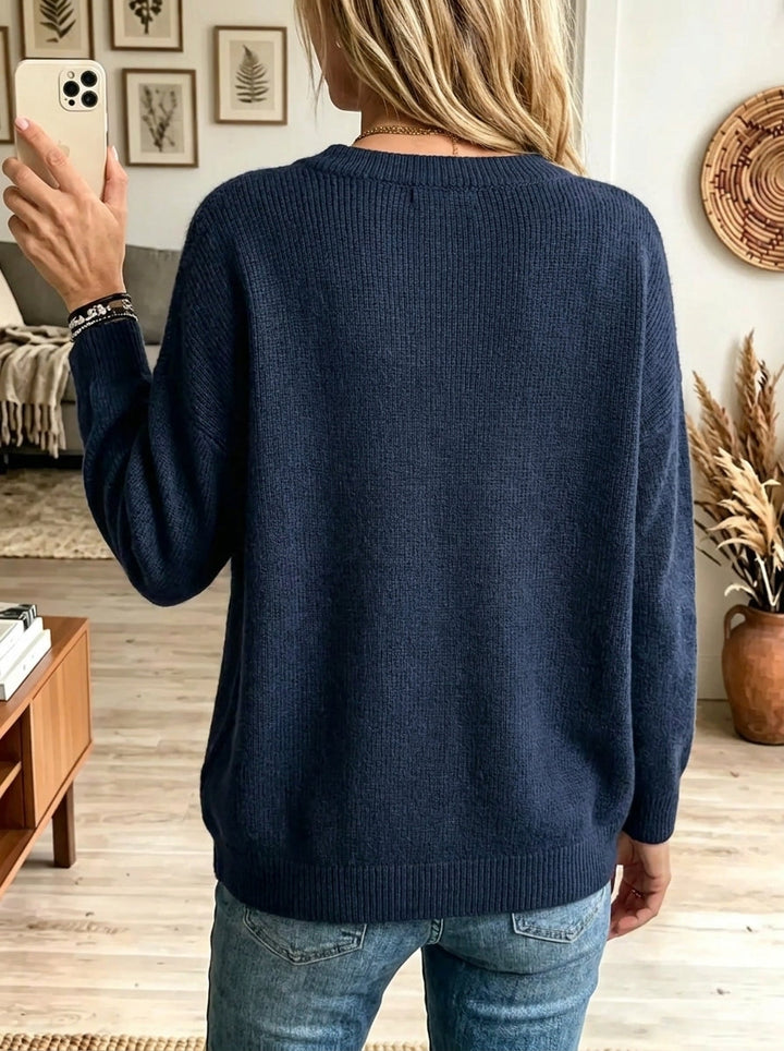 Rose | Pull Col V en Maille à Fleurs 3D
