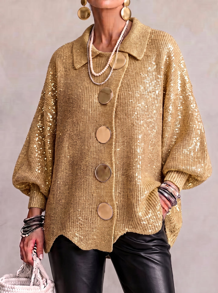 Elvinia | Cardigan Oversize à Col et Grands Boutons Métalliques