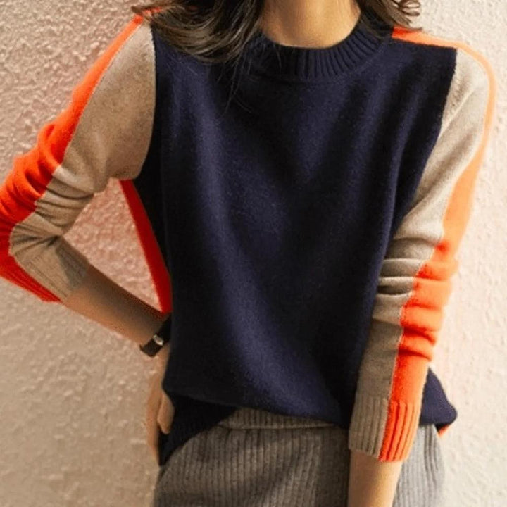 Vera | Pull à Rayures Rétro Bleu Marine et Orange